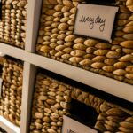 Close-up of neatly organized baskets with labels, showing a simple home organization system that reduces clutter and overwhelm.