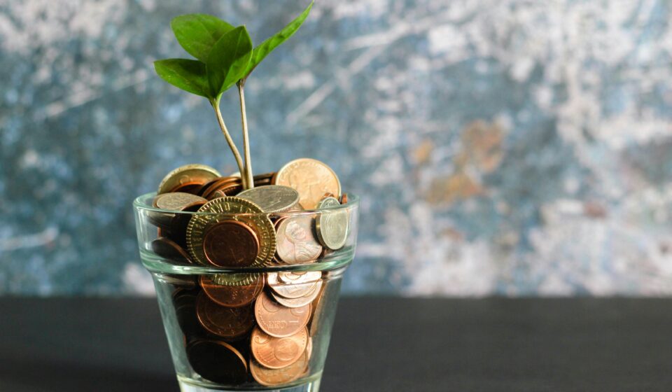 Coins in a clear glass container with a small green plant growing out of the top, symbolizing gradual financial growth and mindful money habits.