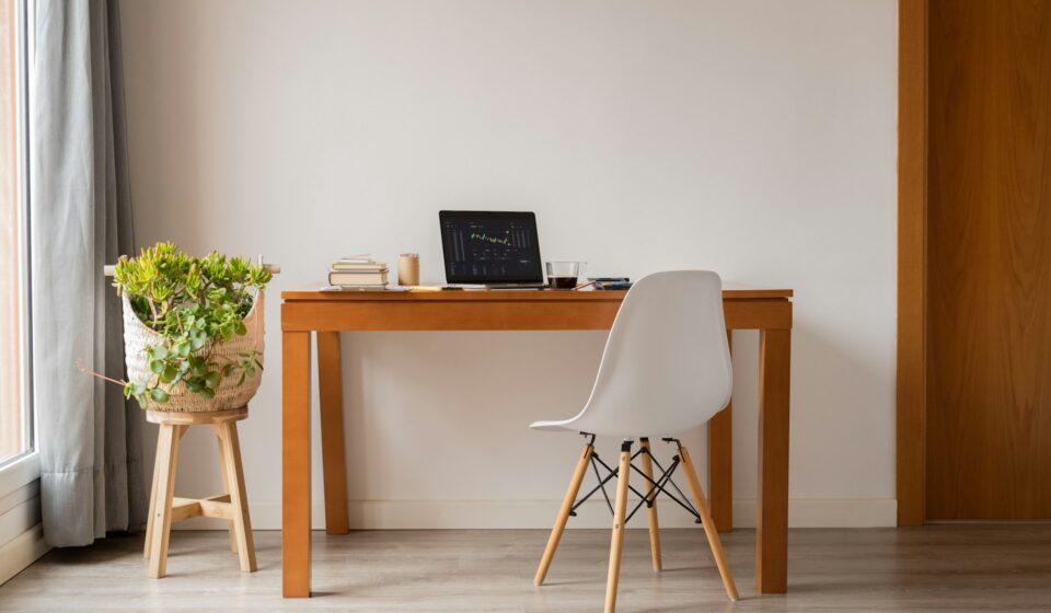 A quiet desk with a laptop and a small plant near a window, lit by soft natural light.