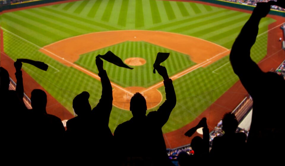 Baseball fans cheering together in a stadium, capturing a shared cultural moment.