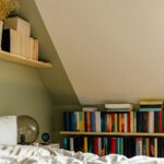 Cozy bedroom with bookshelves, bed, and personal items creating a visually busy living space